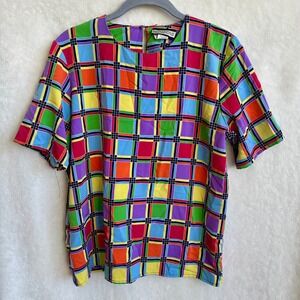 Notations Vintage Geometric Bright Short Sleeve Blouse Shell Top Size Small